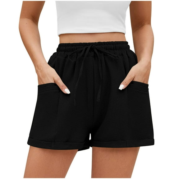 THDHVS Womens Shorts,Casual Shorts for Women,Womens Solid Linen Casual Shorts High Waisted Shorts Summer Flowy Beach Drawstring Shorts Black S