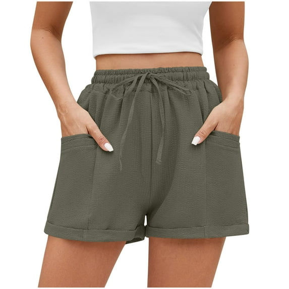 THDHVS Womens Shorts,Casual Shorts for Women,Womens Solid Linen Casual Shorts High Waisted Shorts Summer Flowy Beach Drawstring Shorts Gray M