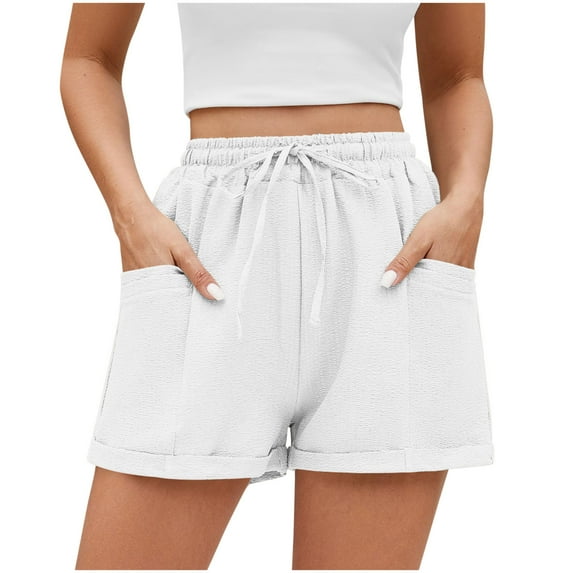 THDHVS Womens Shorts,Casual Shorts for Women,Womens Solid Linen Casual Shorts High Waisted Shorts Summer Flowy Beach Drawstring Shorts White XL
