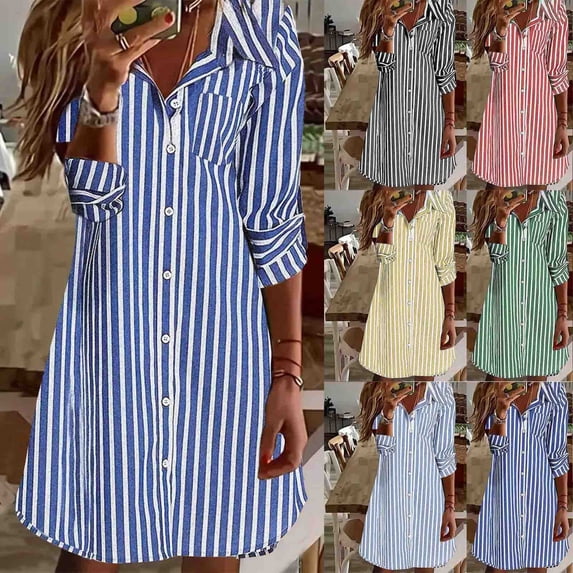 THDHVS Womens Summer Dresses,Summer Casual TurnBeach Vacation Sundresses Long Sleeve Striped Dress Black 2XL