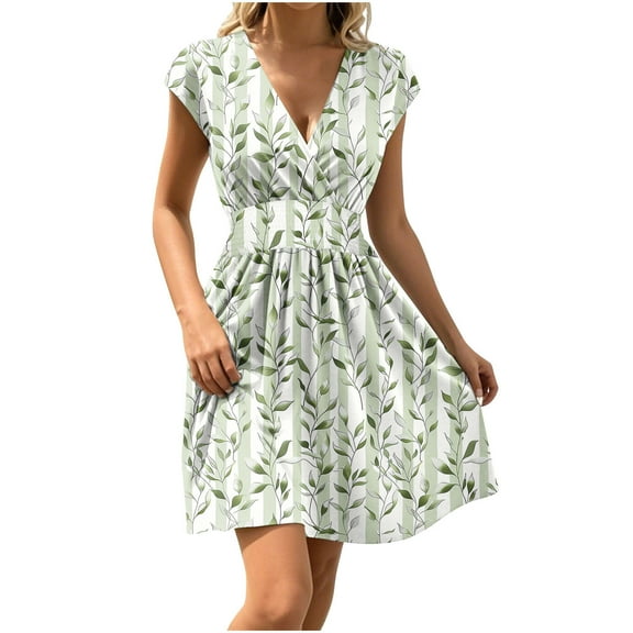 THDHVS Womens Summer Dresses,Dresses for Women 2025,Women Summer V-Neck Solid Casual Short Sleeve Waisted Mini Dress Green M