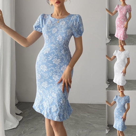 THDHVS Womens Summer Dresses,Women's Solid Color Embroidered Ruffle Hem Short Sleeve Round Neck Dress Pink M