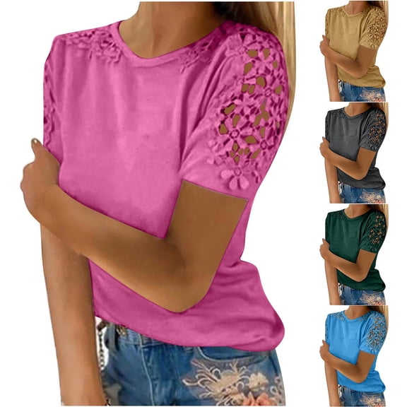 THDHVS Womens Summer Tops,Women Lace Trimmed Short Sleeve Top Solid Color Comfortable Crew Neck for Daytime Activities,Short Sleeve Shirts for Women
