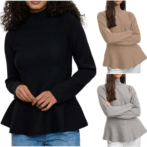 THDHVS Womens Sweaters,Fall Shirts for Women,Fashion Women's Solid Color Long Sleeve High Neck Fall Casual Knitted Sweater Top Black S