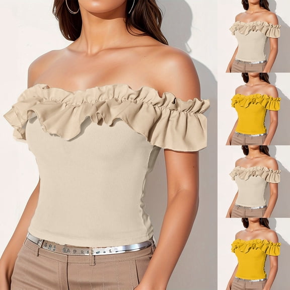 THDHVS Womens T Shirts,One Shoulder Top with Ruffle Trim and Body Skimming Fits Creating Dramatic Focal Point for Evening and Special Events,Casual Tops for Women