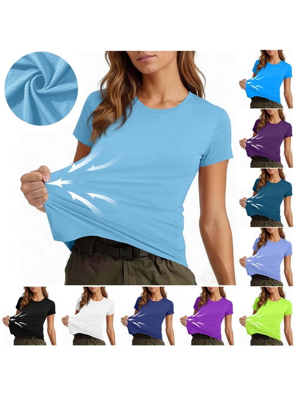 Womens T Shirts,Women Solid Color Stretch Short Sleeve Crewneck Tee Running Gym Active Wear,Summer Tops for Women Sky Blue L