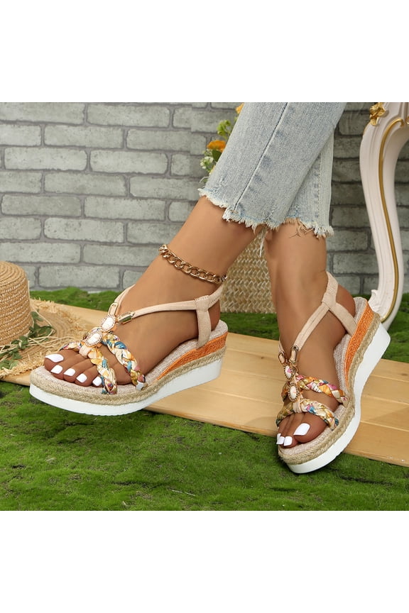Wedge Sandals for Women,Women's Sandals,Womens Wedge Sandals Flower Low Heel Dressy Sandals Elastic Ankle Strap Rhinestone Summer Comfortable Shoe Beige 7.5