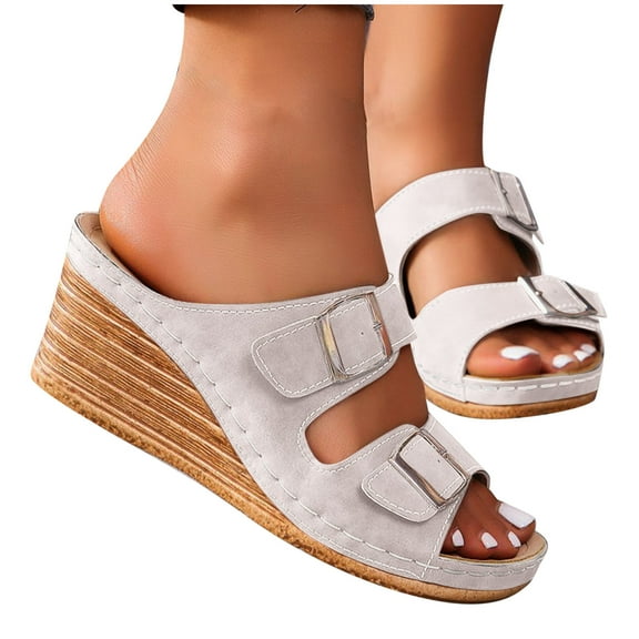 THDHVS Wedge Sandals for Women,Women's Sandals,Women's Fashion Casual Spring New Style Solid Color Belt Buckle Open Toe Wedge Heel Shoes Beige 9