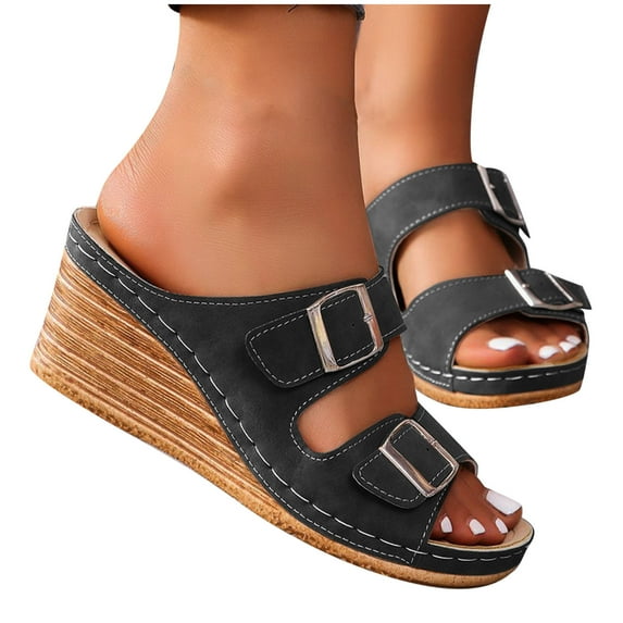 THDHVS Wedge Sandals for Women,Women's Sandals,Women's Fashion Casual Spring New Style Solid Color Belt Buckle Open Toe Wedge Heel Shoes Black 8.5