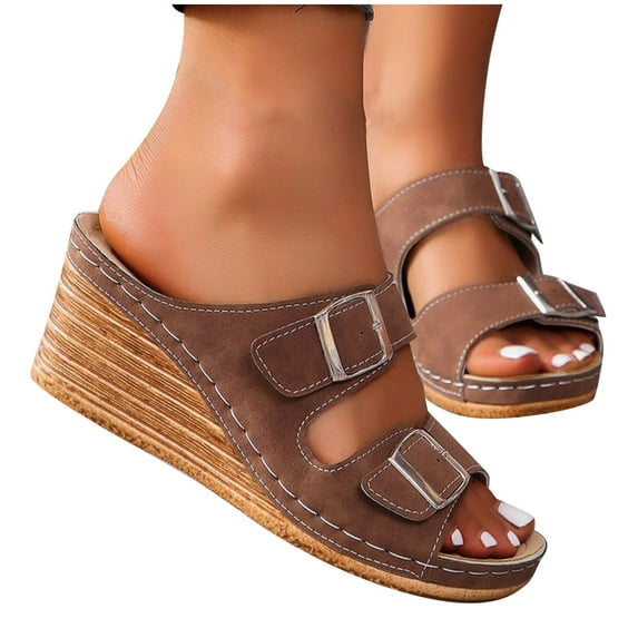 THDHVS Wedge Sandals for Women,Women's Sandals,Women's Fashion Casual Spring New Style Solid Color Belt Buckle Open Toe Wedge Heel Shoes Coffee 8.5