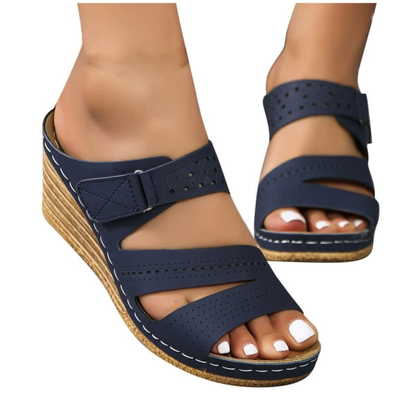 THDHVS Wedge Sandals for Women,Women's Sandals,Women's Fashion Casual Summer New Solid Color Fish Mouth Open Toe Thick Bottom Wedge Heels Blue 8.5
