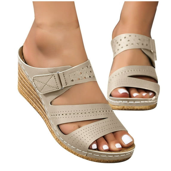 THDHVS Wedge Sandals for Women,Women's Sandals,Women's Fashion Casual Summer New Solid Color Fish Mouth Open Toe Thick Bottom Wedge Heels Khaki 9