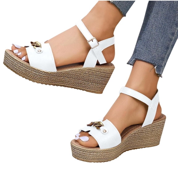 THDHVS Womens Wedge Sandals,Summer Sandals for Women 2025,Women's Fashion Casual Chain High Heel Buckle Spring and Summer Style Fish Mouth Open Toe Wedge Sandals White 9