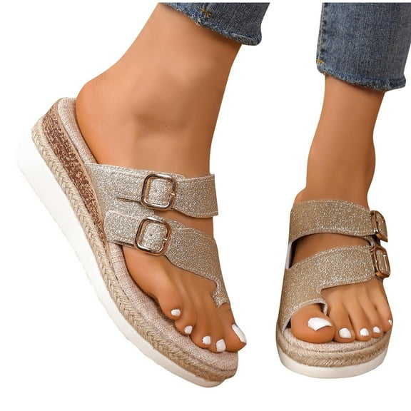 THDHVS Womens Wedge Sandals,Wedge Sandals for Women,Slip Dressy Summer Comfortable Slides Sandals Lightweight Shoes Gold 6