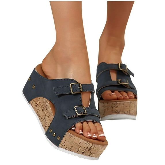 THDHVS Womens Wedge Sandals,Women's Fashion Casual Belt Buckle Open Toe Spring and Summer Wedge Sandals Navy 9.5
