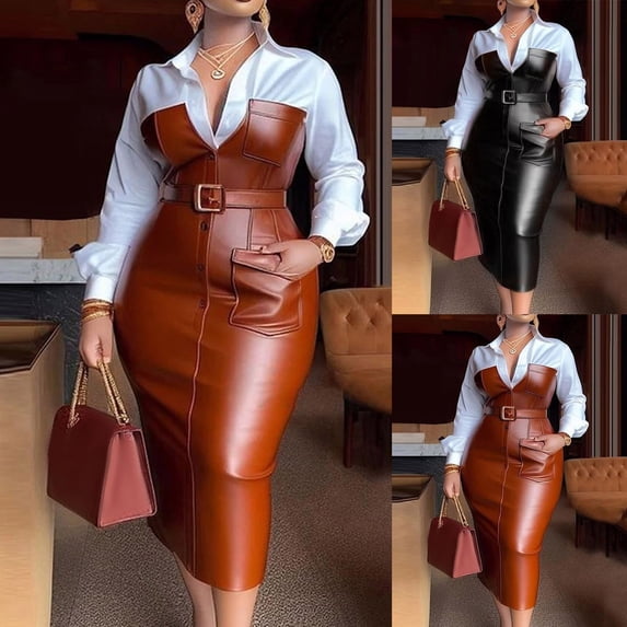 THDHVS Work Dress,Dresses for Women,Long Sleeve Collared Dress with Color Block Panels and Waist Tie Brown
