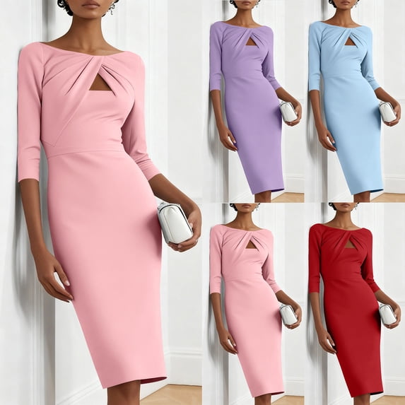 THDHVS Work Dress,Dresses for Women,Solid Color 3 4 Sleeve Bodycon Dress Crewneck Knee Length Pink