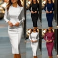 thumbnail image 1 of THDHVS Work Dress,Dresses for Women,Solid Color Asymmetrical Button Dress Long Sleeve Bodycon Crewneck White, 1 of 8