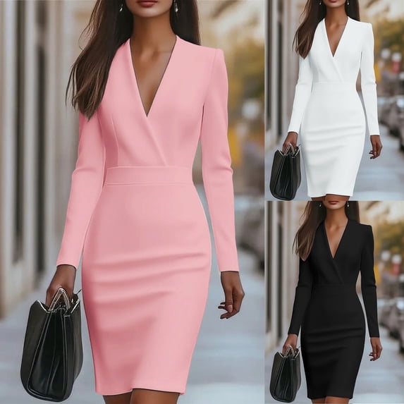 THDHVS Work Dress,Dresses for Women,Solid Color Bodycon Dress Long Sleeve V Neck Knee Length Figure Flattering White