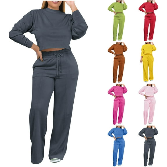 THDHVS Workout Sets for Women,Plus Size Fashion,Two Piece Sets for Women Fall Outfits Lounge Sets Mock Neck Tops Wide Leg Pants Vacation Travel Airport Outfits Blue M