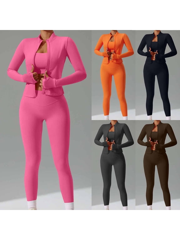 Workout Sets for Women,Matching Sets Women Clothing,Women 2pc Long Sleeve Workout Jumpsuit Zip Up Sweatshirts Legging Sweatpants Black L