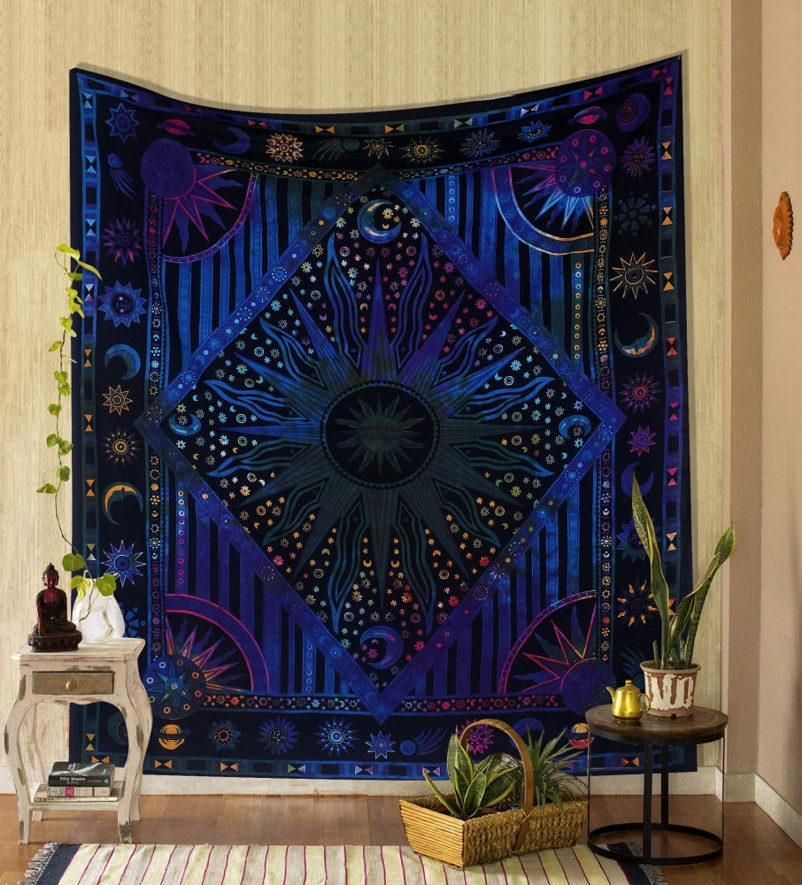 THE ART BOX Neon Blue Hippie Mandala Sun Moon Burning Sun Psychedelic Trippy Tapestry for Bedroom Celestial Busning Sun Tapestry Bohemian Wall Hanging Planet Tapestry Queen Walmart