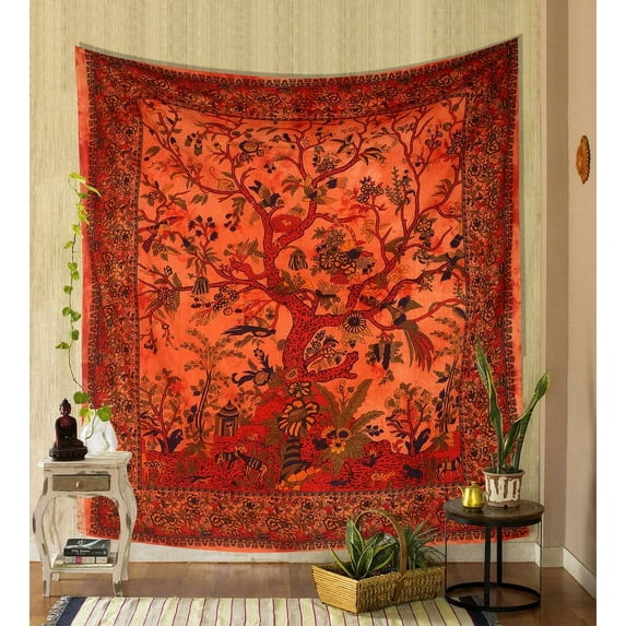 THE ART BOX Tapestry Orange Tree of Life Wall Hanging Psychedelic Tapestries Indian Cotton Twin Bedspread Picnic Sheet Wall Decor Blanket Wall Art Hippie Bedroom Décor, Full, 85x90 Inch