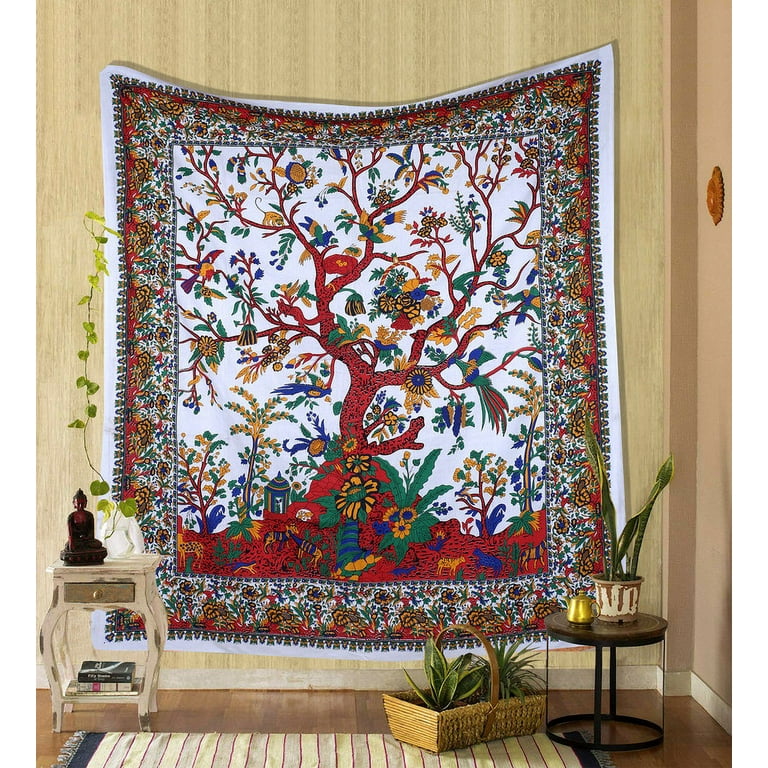 THE ART BOX Tapestry White Tree of Life Wall Hanging Psychedelic Tapestries Indian Cotton Twin Bedspread Picnic Sheet Wall Decor Blanket Wall Art Hippie Bedroom Decor Medium 60x54 Inch Walmart
