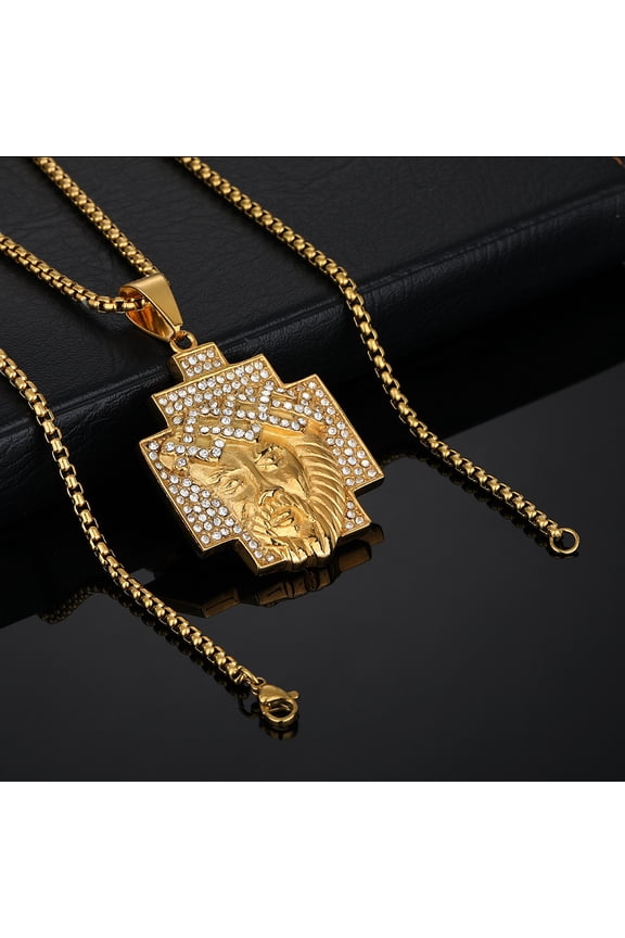 THE BLING KING Big Jesus 14K Yellow Gold Pendant Necklace Full Iced Out Cubic Zirconia Charm Tennis Necklace Fashion Hiphop Jewelry
