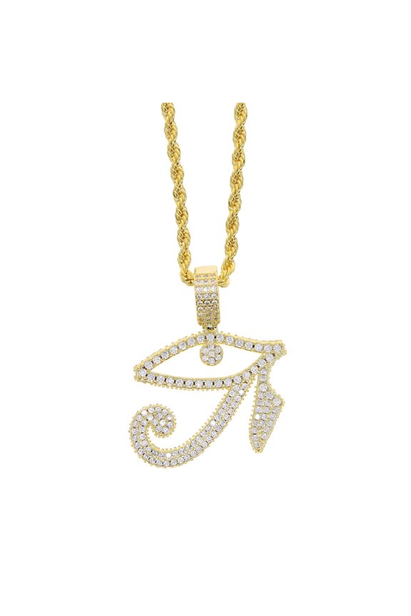 THE BLING KING Iced Eye of Horus 14K Yellow Gold Necklace For Men Big Zircon Stone Pave Ancient Egyptian Symbol Of Lucky Power Health CZ Jewelry