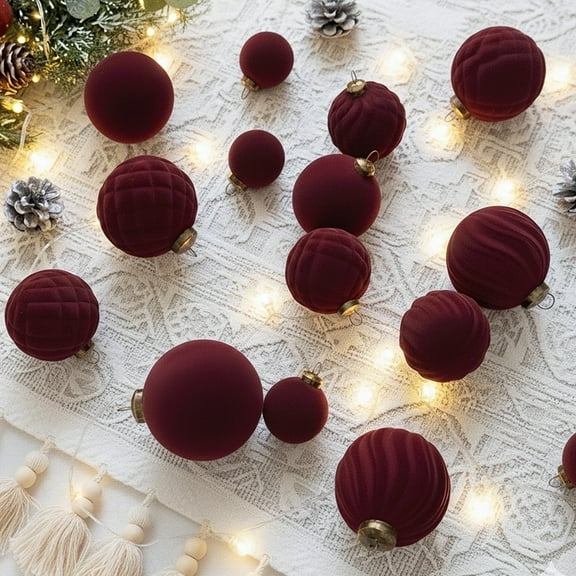 The Brive Flocked Velvet Christmas Ball Ornaments Burgundy Shatterproof 36-Count