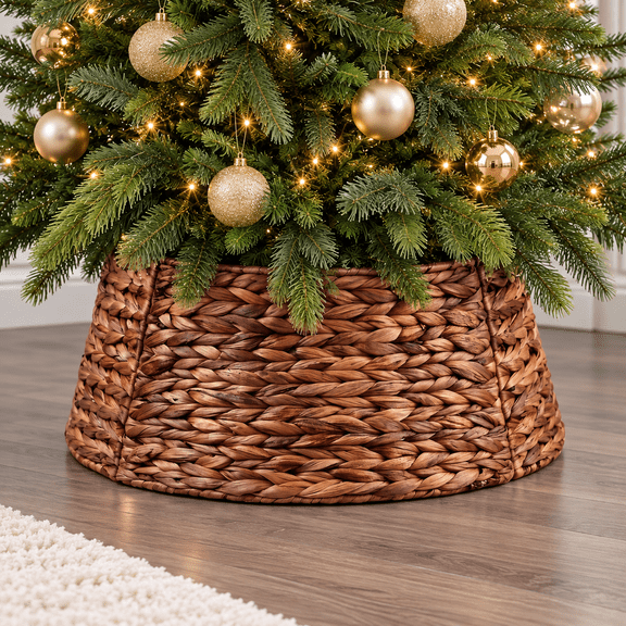 THE BRIVE Brown Rattan Christmas Tree Collar, 24in Woven Decor for Indoor Holiday Home Use