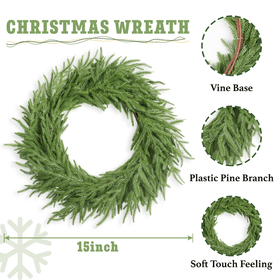 THE BRIVE 15in Norfolk Pine Wreath, Waterproof Outdoor Spring Wreath, Heavy Duty Durable Front Door Wreath for Easter Wedding Farmhouse Patio Home Decor, Year-Round Greenery Wreath