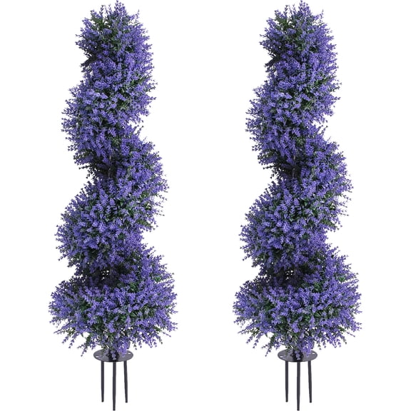 THE BRIVE 2PCS 36" Spiral Boxwood Trees With Lavender– Artificial Topiaries With Ground Spike, suitable for spring gardens,outdoor patios,spring-themed parties, and wedding decoration.