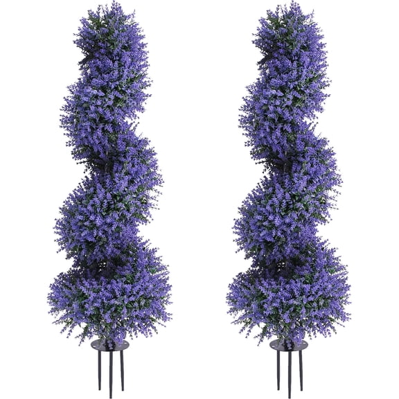 THE BRIVE 3ft Spiral Artificial Topiary Trees With Lavender– 2PCS 36" Artificial Topiaries With Ground Spike, suitable for spring gardens, indoor and outdoor decoration.