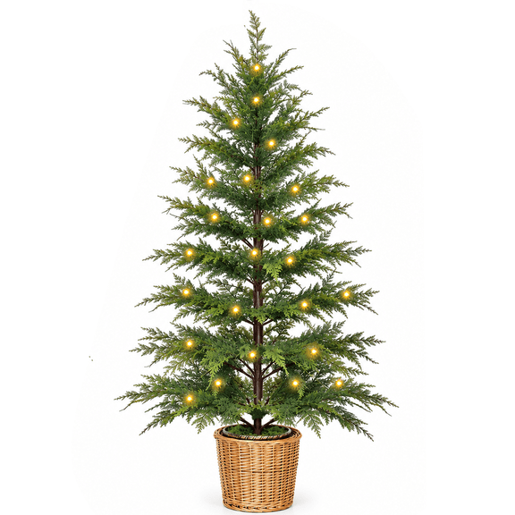 THE BRIVE 4ft Artificial Cypress Christmas Tree, 100 Warm White LED Lights, Gilded Pot & Wicker Basket for Outdoor Decor