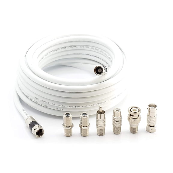 THE CIMPLE CO - 25' RG6 White & 6 Universal Coaxial Cable Connector Ends - F81 RCA BNC Adapters