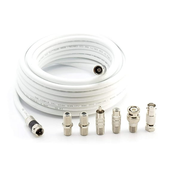 THE CIMPLE CO - 35' RG6 White & 6 Universal Coaxial Cable Connector Ends - F81 RCA BNC Adapters