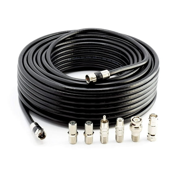 THE CIMPLE CO - 50' RG6 Black & 6 Universal Coaxial Cable Connector Ends - F81 RCA BNC Adapters
