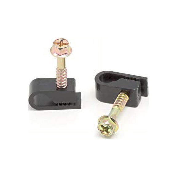 THE CIMPLE CO - Single Coaxial Cable Clips, Cat6, Electrical Wire Cable Clip, 1/4 in (6 mm) Screw Clip and Fastener, Black (100 Pieces per Bag)