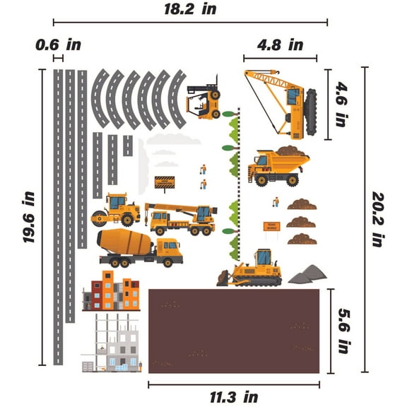 THE CITY - Home Bedroom Art City Construction Site Vinyl Sticker Kids Room Adhesive Wall Decal Sheet - Removable DIY Build A City Construction Site Decoration Multicolored Wall Décor 18.2" x 20.2"