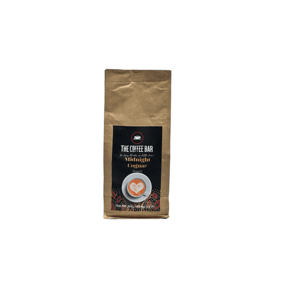 THE COFFEE BAR'S COGNAC COFFEE 100% ARABICA BEANS THE COFFEE BARS MIDNIGHT COGNAC COFFEE, GROUND MEDIUM ROAST