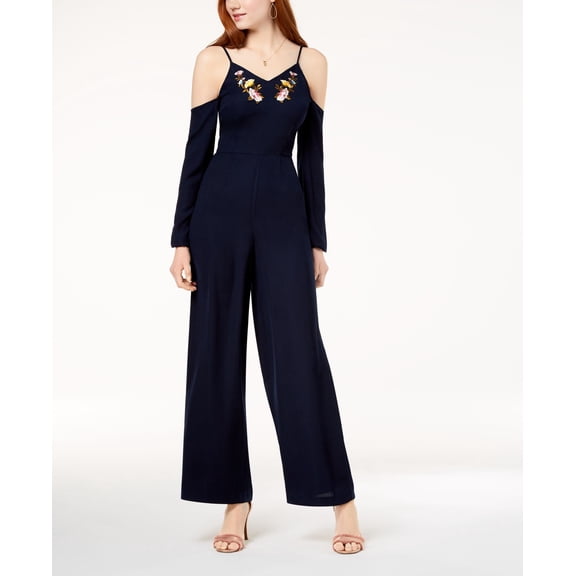 THE EDIT Womens Navy Embroidered Cold Shoulder V Neck Wide Leg Jumpsuit Juniors Size: 5