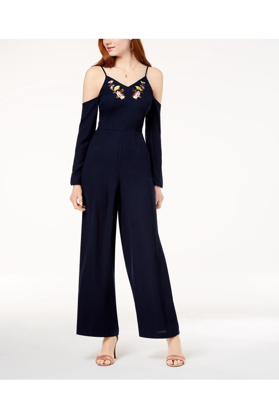 THE EDIT Womens Navy Embroidered Cold Shoulder V Neck Wide Leg Jumpsuit Juniors Size: 5