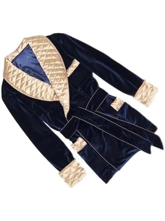 Men's Smoking Jacket Dinner Silk Warm Quilted Golden Lapel Party Wear Cigar Robe XX`XX 