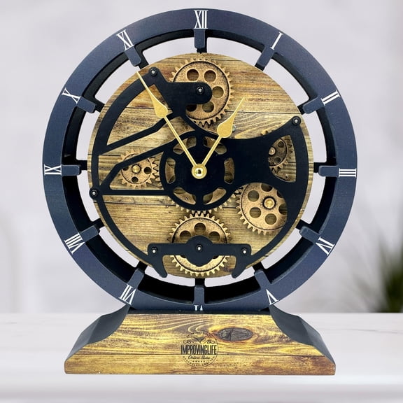 THE GEARS CLOCK Desk Clock with Real Moving Gears (wall clock)CA-LI_ 10 in Round Gold-Antique