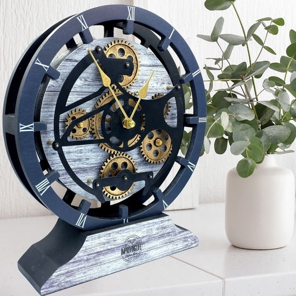 THE GEARS CLOCK Desk Clock with Real Moving Gears (wall clock)CA-LI_ 10 in Round Silver-Grey