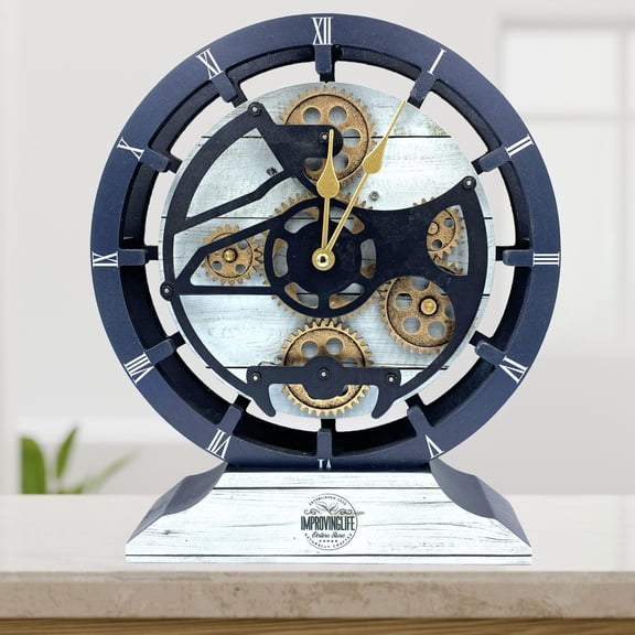 THE GEARS CLOCK Desk Clock with Real Moving Gears (wall clock)CA-LI_ 10 in Round White-Farmhouse