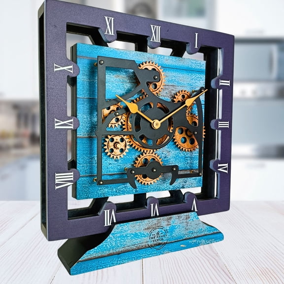 THE GEARS CLOCK Desk Clock with Real Moving Gears (wall clock)CA-LI_ 10 in Square Ocean-Blue