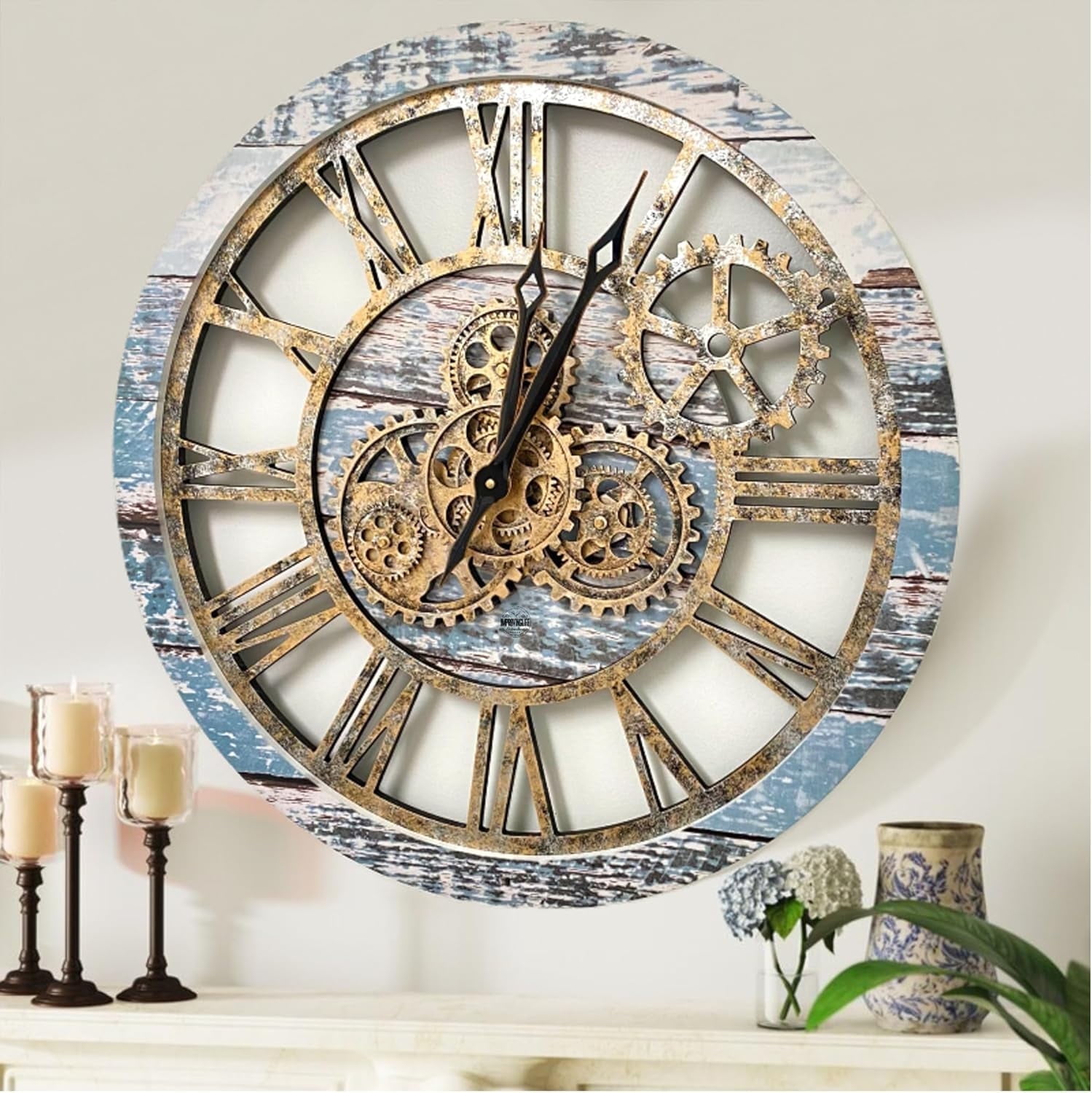 24" Aqua Green and Bronze Industrial Wall Clock with Moving Gears